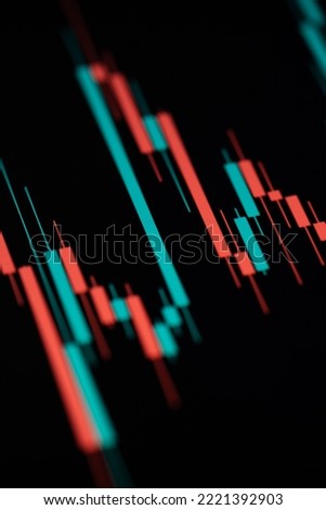 Digital screen with financial trading chart and market quotes and statistics showing cryptocurrency price trend. Technical price candlestick chart graph and indicator stock online trading. 