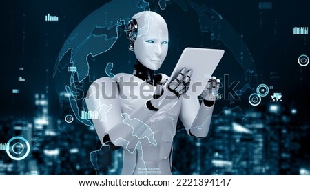 Future financial technology controll by AI robot huminoid uses machine learning and artificial intelligence to analyze business data and give advice on investment and trading decision . 3D rendering .