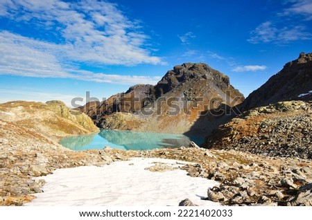 mountain panorama. view of the Wildsee and the Pizol summit. Beautiful landscape picture with the mountain lake. 5 lakes hike. five lakes. Switzerland. High quality photo