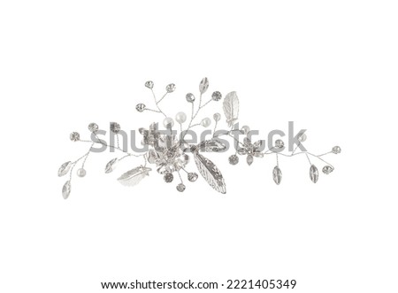 Floral jewelry with silver flowers, leaves and pearl. Brooch or hairpin isolated on white background Royalty-Free Stock Photo #2221405349