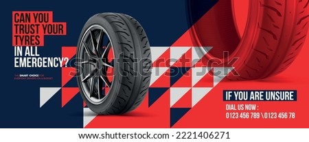 Car wheels on an advertising banner Red and blue colors. Tyre sale vector store promo poster with  tires and grunge black track tread marks. Rubber protectors shop discount promotion.