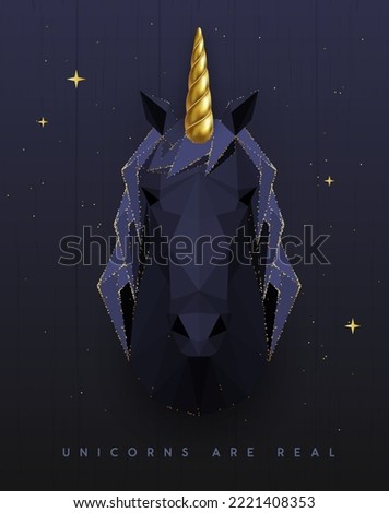 3D polygon paper unicorn head with golden horn on black background. Vector illustration