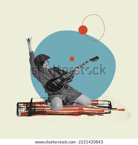 Musician. Stylish emotional young woman as rocker playing guitar over abstract background. Collage or design in magazine style. Art, creativity, music lifestyle, rock, rock-n-roll and retro style Royalty-Free Stock Photo #2221420843