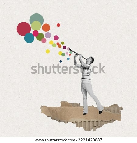 Lovely sounds. Creative retro design. Contemporary art collage of young stylish man playing oboe isolated over light background. Concept of music lifestyle, creativity, inspiration, imagination, ad Royalty-Free Stock Photo #2221420887