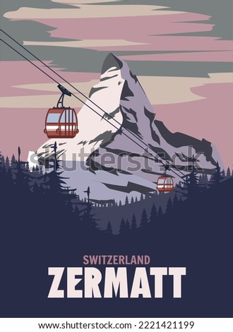 Zermatt Ski resort poster, retro. Alpes Winter travel card Royalty-Free Stock Photo #2221421199