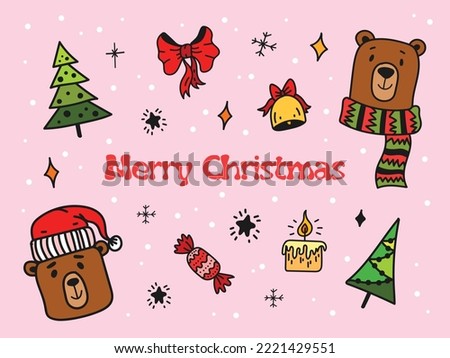 Collection of vector Christmas elements, decor in flat style. Christmas vector clipart with cute bear characters, pine tree, candle, ribbon, candy, bell. Decorative elements for your winter designs.