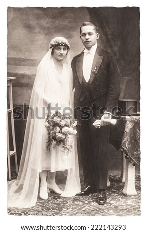 antique wedding photo. portrait of just married couple. nostalgic picture with original scratches and film grain