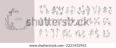 Set of luxury flowers and trendy botanical elements. Hand drawn line leaves branches and blooming. Wedding elegant wildflowers for invitation save the date card. Vector trendy