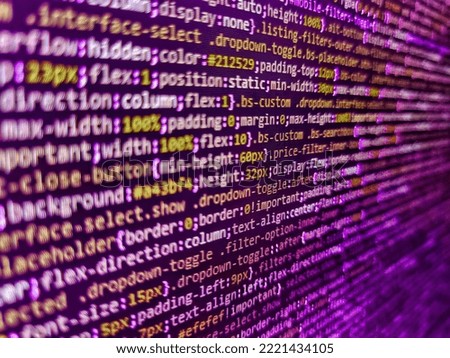 Programmer working in computer screen. Internet app development and design. Web programming and bracket technology background. Lines of code of a software with several colors