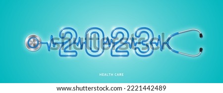 Healthcare and medical concept stethoscope shape 2023 checkup for happy and healthy new year. wishing you stay in good health. vector illustration