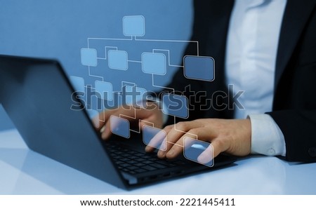 Virtual screen Mindmap or Organigram. Business hierarchy structure. Business process and workflow automation with flowchart.  Royalty-Free Stock Photo #2221445411