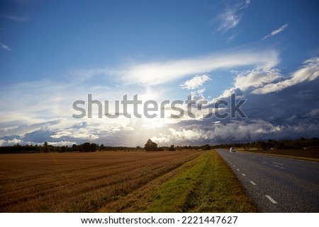View on the agricultural field and beautiful sky covered with white clouds. High quality photo