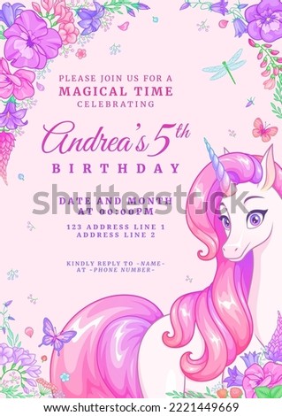 Birthday party invitation template with beautiful unicorn surrounded with butterflies and flowers. Vector illustration on pink background. Release clipping mask for full size objects.