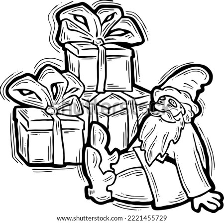 Funny Santa Claus giving you a present for Christmas or New Year. Gift box with ribbon, xmas surprise. Hand drawn illustration for poster print, card design, party invitation. Cartoon vector character