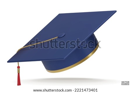 3D realistic Graduation university or college dark blue cap isolated on white background. Graduate college, high school, Academic, or university cap. Hat for degree ceremony. 3D vector illustration. Royalty-Free Stock Photo #2221473401