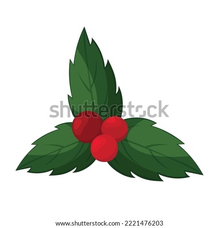 Christmas holly flower. Green leaves. Red berries. Holiday. Winter. Isolated on a white. Vector element.