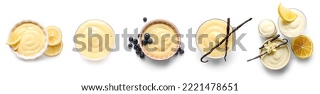 Set of tasty pudding isolated on white, top view Royalty-Free Stock Photo #2221478651