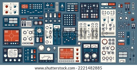 Retro dashboard. Control panel dial, switch, knob buttons. Spaceship console, electronic UI and airplane vintage switches, music recording studio slider, lab equipment computer display, monitor screen Royalty-Free Stock Photo #2221482885