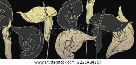 Botanical line bakground with calla flowers and leaves. Floral foliage for wedding invitation, wall art or card template. Vector illustration. Luxury rustic trendy art