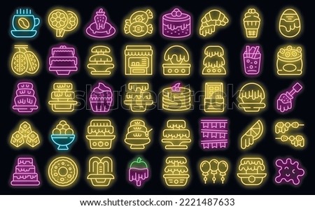 Chocolate fountain icons set outline vector. Candy cream. Delicious waterfall neon color on black