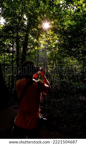 Photographer taking pictures as the sun shines through the forest.