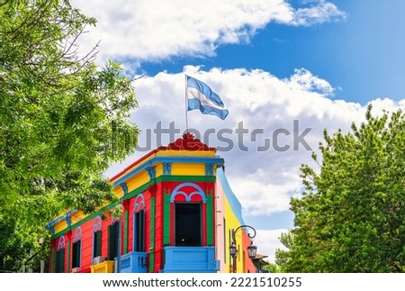 Typical brightly colored building on Caminito in La Boca, Buenos Aires, Argentina Royalty-Free Stock Photo #2221510255