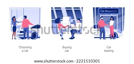 Car dealership isolated concept vector illustration set. Choosing a car, buying vehicle from official dealer, transport leasing services, signing contract, automobile dealer salon vector cartoon. Royalty-Free Stock Photo #2221510301