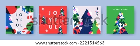 Merry Christmas and Happy New Year banner or greeting card Set. Trendy modern Xmas design with typography and overlay elements, snowflakes, Christmas tree. Minimal poster, cover, social media template Royalty-Free Stock Photo #2221514563