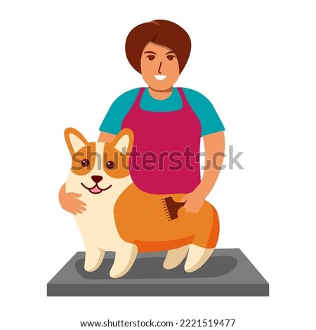 Professional barber grooming dog corgi breed.Woman of pet for cutting and brushing fur.Character of cute dog.