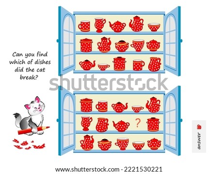 Logic puzzle for children and adults. Can you find which of dishes did the cat break? Educational game. Page for kids brain teaser book. Task for attentiveness. IQ test. Play online. Cartoon vector. Royalty-Free Stock Photo #2221530221
