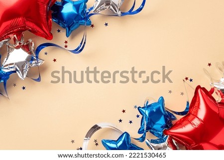 Forth of July celebration concept. Top view photo of balloons in national flag colors serpentine and confetti on isolated beige background with empty space