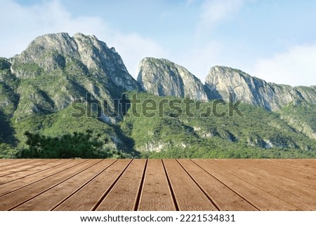 Empty wooden surface and beautiful view of mountain landscape