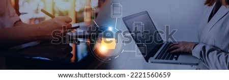 Document management system concept, business man holding folder and document icon software, searching and managing files online document database, for efficient archiving and company data.