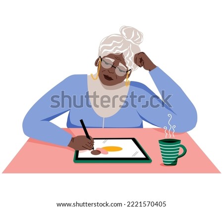 Old afro Woman drawing on a digital tablet with a stylus. Sitting at desk. Illustrator works to order. Elderly lady with dark skin studying. Vector illustration
