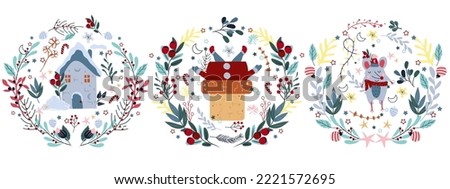 Christmas bright wreath with Santa Claus climbed in chimney, snow covered house, funny mouse in a scarf. Concept Christmas and New Year. Vector.