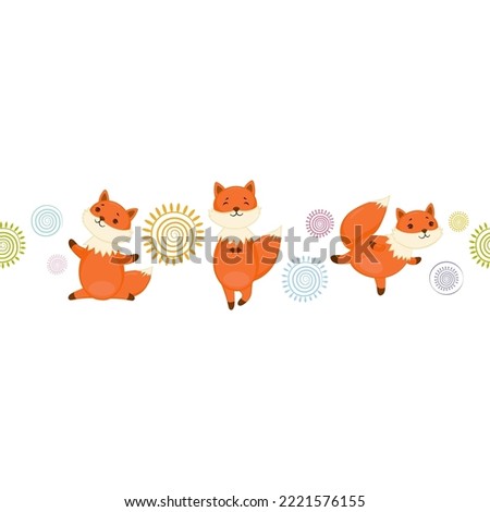 Seamless border with сute red fox doing yoga exercises. Kids print background.