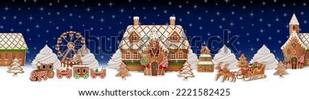 christmas seamless banner with gingerbread landscape Royalty-Free Stock Photo #2221582425