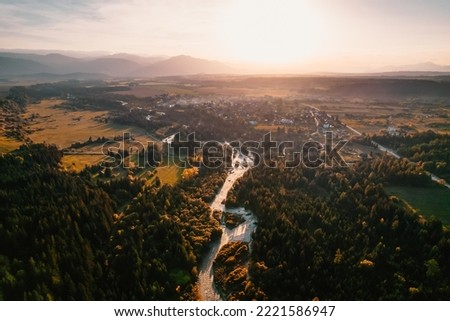 Aerial top view of green autumn trees in forest in Slovakia. Drone photography. Rainforest ecosystem and healthy environment concept. Mountain river 


