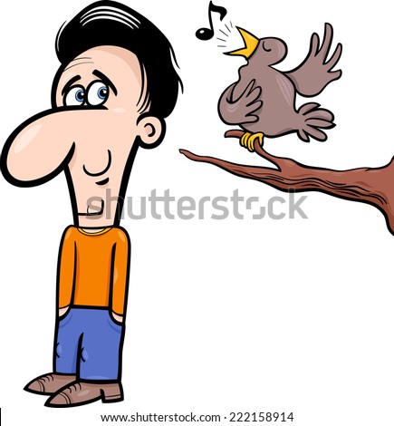 Cartoon Vector Illustration of Happy Man Character Listening to Singing Bird