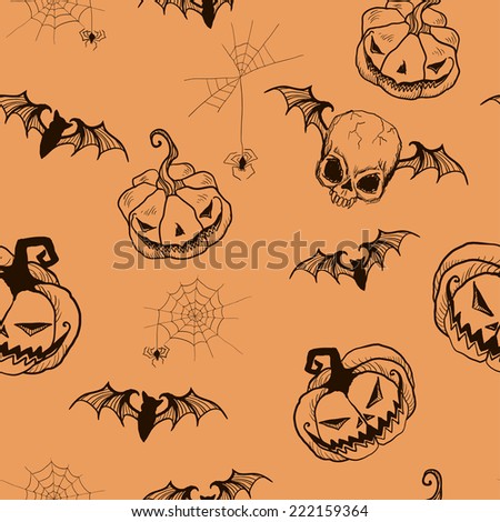 Seamless Gothic pattern of hand-drawn cartoon bats, spider webs, pumpkin, and skull for Halloween