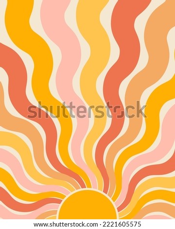 Abstract groovy poster. Colorful background with sun. Wall decor. Vector illustration in trendy psychedelic cartoon style. Stay groovy. Good vibes