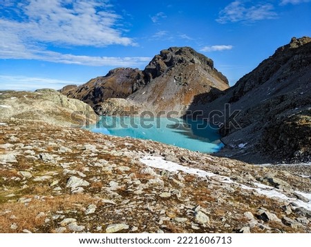 mountain panorama. view of the Wildsee and the Pizol summit. Beautiful landscape picture with the mountain lake. 5 lakes hike. five lakes. Switzerland. High quality photo