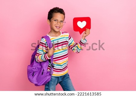 Photo of smart charming optimistic schoolboy wear striped long sleeve bag on shoulder hold like icon isolated on pink color background