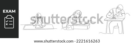 Single one line drawing exam preparation set concept. Boy student stress for exam and Students study with books and laptop prepare for exam. Continuous line draw design graphic vector illustration. Royalty-Free Stock Photo #2221616263
