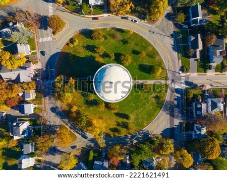 Arlington Reservoir aerial view in fall on Park Circle in town of Arlington, Massachusetts MA, USA. This water tower was built in 1920 with Classical Revival style.  Royalty-Free Stock Photo #2221621491