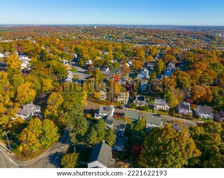 Arlington Heights suburban landscape aerial view in fall in historic town of Arlington, Massachusetts MA, USA. 