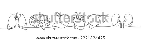 Set of human organ one line continuous drawing. Lungs, brain, stomach, heart, liver, kidneys continuous one line illustration. Royalty-Free Stock Photo #2221626425