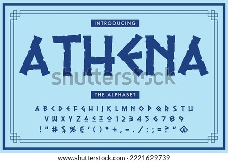 Greek restaurant font. English vector alphabet in antique style. Typeset for Greece Graphic Design Royalty-Free Stock Photo #2221629739