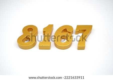   Number 8167 is made of gold-painted teak, 1 centimeter thick, placed on a white background to visualize it in 3D.                              