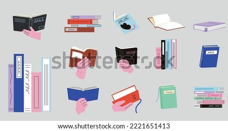 A collection of stacked books, flowers on a bookshelf, and hands holding books open. flat vector illustration. Royalty-Free Stock Photo #2221651413